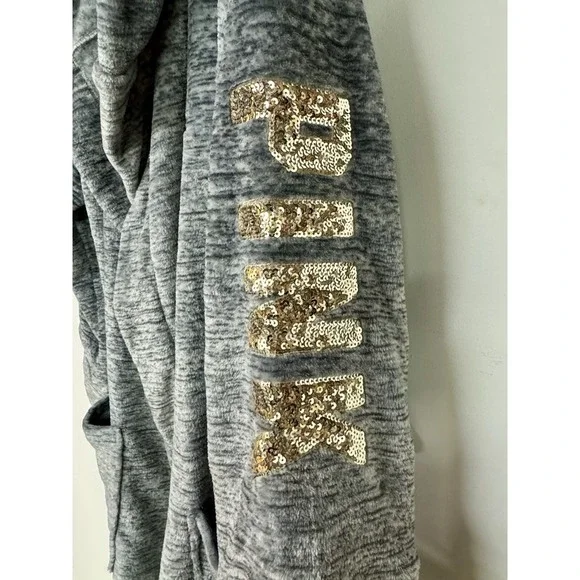PINK By VS Gray Robe Women's M/L Sequin Word Sleeves Cozy Soft * no belt - Picture 2 of 6